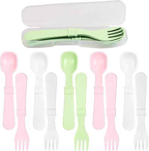 Re-Play Made in USA Toddler Forks and Spoons, Pack of 12 With Carrying Case - 6 Kids Forks with Rounded Tips and 6 Deep Scoop Toddler Spoons - 0.2...
