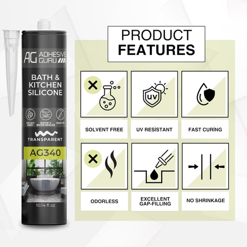 Adhesive Guru AG340 Clear Silicone Sealant (10.14 fl oz), 100% Silicone Caulk, Weatherproof & Flexible Adhesive Sealant for Bath and Kitchen, 1 Pa...