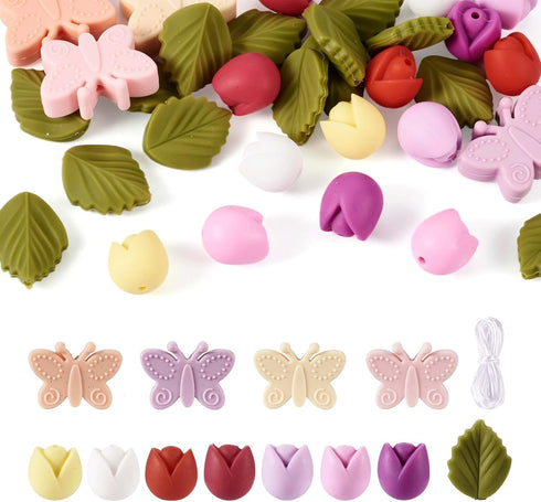 Craftdady 32Pcs Tulip Butterfly Leaf Silicone Focal Beads Spring Theme Flower Beads Keychain Making Kit with Nylon Cord for Crafts DIY Beadable Pe...