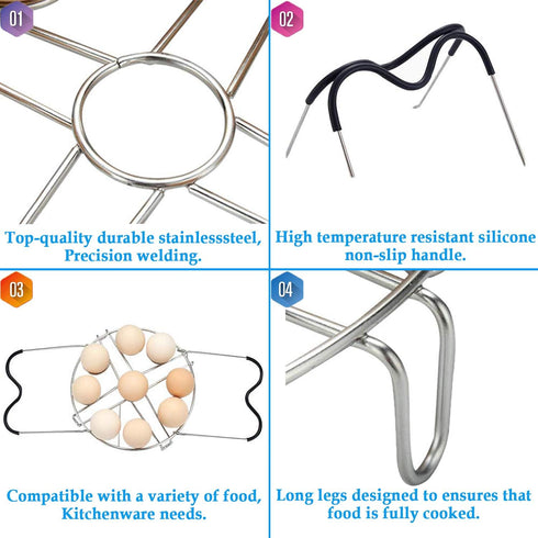 Steamer Cooling Rack Trivet Accessory Set, Include 9-holes Egg Steamer Cooking Rack with Heat Resistant Silicon Handles & Compatible for 6, 8 Quar...