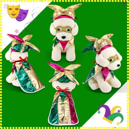 4 Pcs Mardi Gras Dog Costume Mardi Gras Clown Jester High Collar Cape Pet Accessories Set Golden Green Purple Dog Dress up with Mardi Gras Mask Co...
