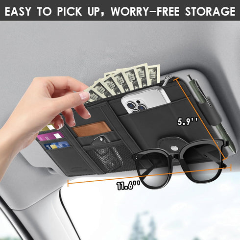 Car Sun Visor Organizer, Leather Pocket Organizer Sunglass Holder for Car Interior Accessories with Multi-Pocket Net Zipper (Black)...