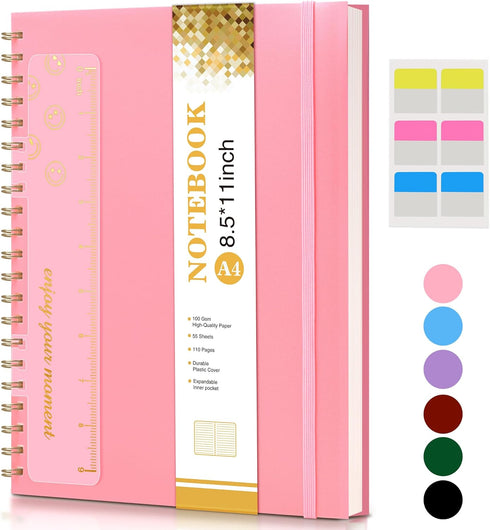 Spiral Notebook Journal 8.5” x 11”, A4 Large Pink Notebooks for Women Men, College Ruled Lined Journal, 100 GSM Paper, Plastic Hardcover Spiral Bo...