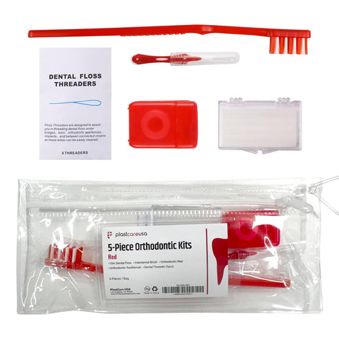 Red Orthodontic 5 Piece Braces Care Kit - Complete Dental Cleaning Set for Teeth with Travel Toothbrush, Wax, Floss, Brackets Cleaner - Essential ...