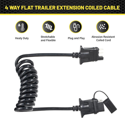Oyviny 4 Way Flat Trailer Extension Coiled Cable 5 Feet 4 Pin Male and Female Wiring Harness 18AWG 60" Stretchable Coiled Extension Wiring Cable w...