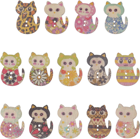 TENDYCOCO 50pcs Sewing Buttons Multicolored Cat Shaped 2 Holes Wood Printing Sewing Buttons (Mixed Color)...