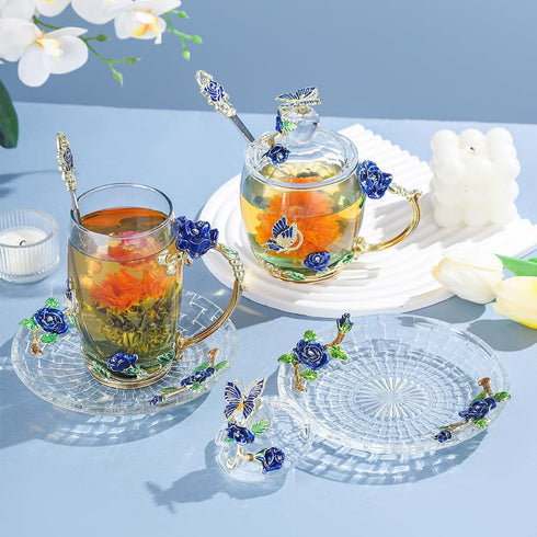 Glass Coffee Mug Birthday Christmas Gift for Women Mom Sister Girlfriend Coworker Flower Butterfly Tea Cup Antique Coffee Mug with Lid Spoon Sauce...