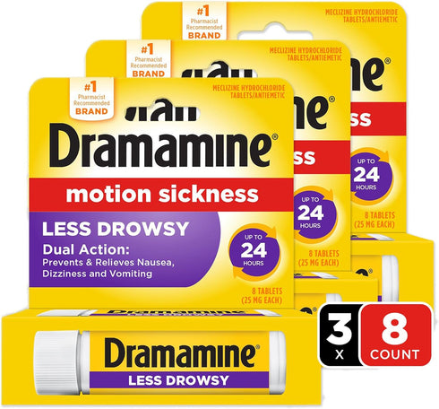 Dramamine All Day Less Drowsy, Motion Sickness Relief, 8 Count, 3 Pack...