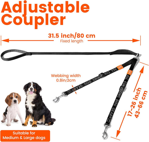 HOWGO Double Dog Leash, No Tangle Dual Dog Leash, Super Lightweight Adjustable Dual Padded Handles, Multiple Leash for 2 Dogs, Double Clip Dog Lea...