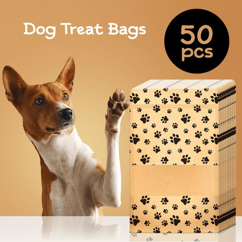 50-Pack Paw Print Dog Treat Bags by Poppy's – Perfect for Canine Delights, Secure Zip Lock Closure, Food-Safe Material, 3.5 x 5.5 Inches...