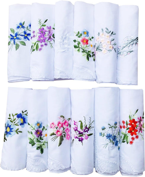 LACS Womens Embroidered Floral Cotton Lace Handkerchiefs White Hankies Pack...