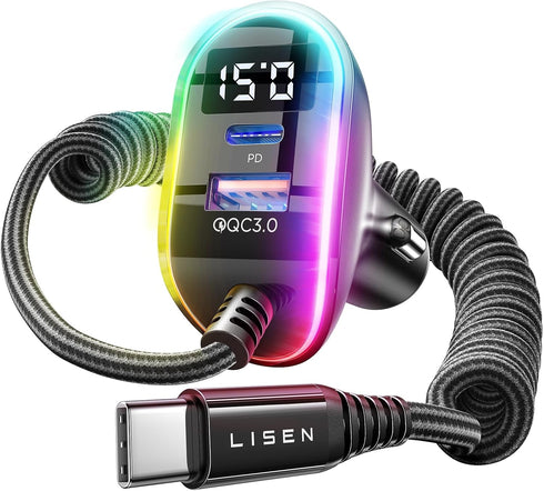 LISEN 96W Car Charger USB C Multi Port Fast Charge USB C Car Charger Adapter PD&QC with 5.3ft Type C Cable for iPhone 15 Car Charger Compatible wi...
