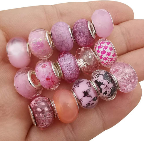 50pcs Assorted Pink Resin Imitation Glass European Large Hole Beads Rhinestone Metal Spacer Charms Bead Assortments for DIY Crafts Bracelets Neckl...