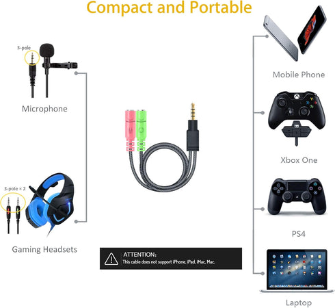 MillSO Headphone Mic Splitter, 3.5mm Headset Adapter (Microphone + Audio) 2 TRS Female to TRRS Male CTIA Stereo Jack Y Cable Compatible for Dual-p...