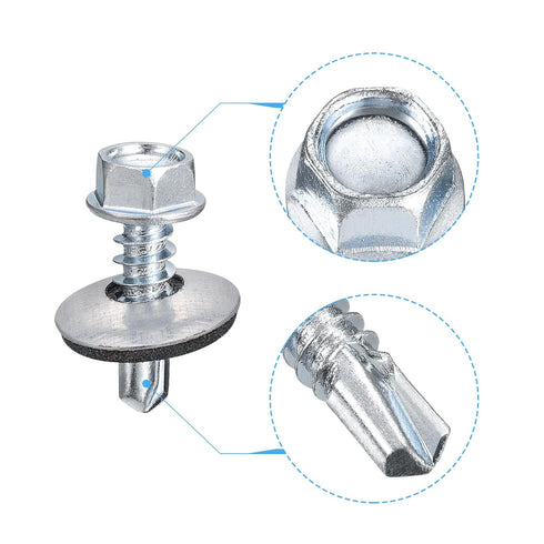 uxcell #12 x 3/4" Self Drilling Screws with Rubber Washer, 100pcs Zinc Plated Steel Roofing Screws Hex Head Self Tapping Screws with EPDM Washer f...