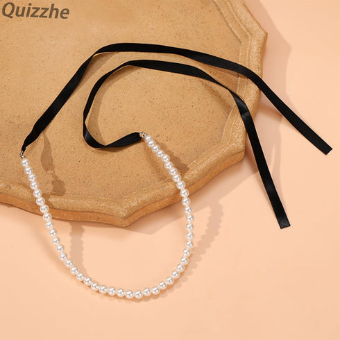 Boho Pearl Bow Choker Necklace Black Velvet Long Ribbon Bow Collarbone Chain Vintage Pearl Beaded Choker Necklace Birthday Party Jewelry for Women...