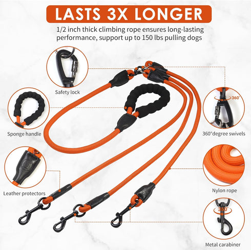 Heavy Duty Three Dog Leash, 3 Dog Leash No Tangle Detachable 360° Swivel Device, Multiple Dog Leash with Padded Handle, for Walking and Training T...