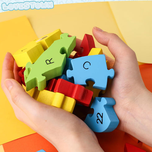 LovesTown Goldfish Wooden Puzzle, 26PCS Jigsaw Puzzle Alphabet and Number Building Blocks for Kids Toddler Preschool...