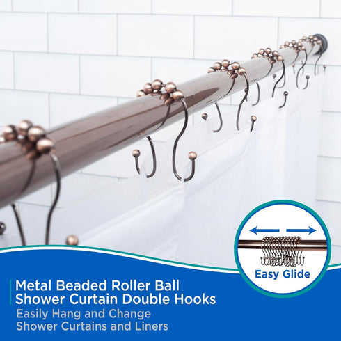 Kenney KN67122 Rust-Resistant Gliding Metal Beaded Shower Curtain Rings with Double Hanging Hooks for Shower Curtain and Standard Shower Curtain R...
