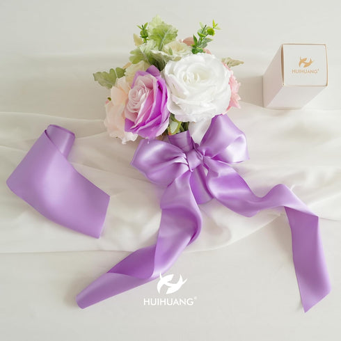 HUIHUANG Lilac Satin Ribbon 4 inch Wide Liliac Purple Ribbon Double-Faced Satin Ribbon for Wedding Chair Sash Bridal Shower Decor Large Bows Makin...