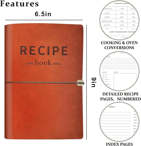 Leather Recipe Book With Index Pages & Templates Made in USA, The Perfect Recipe Note Book To Write In Your Own Recipes - Simplified Blank Cookboo...