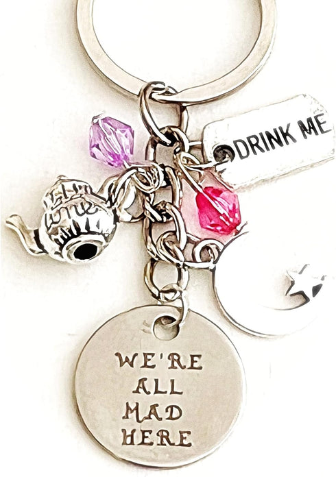 We're All Mad Here Silver Charm Keychain Accessories Cheshire Cat Alice in Wonderland Gift for a Free Spirit | Merchandise for Women...