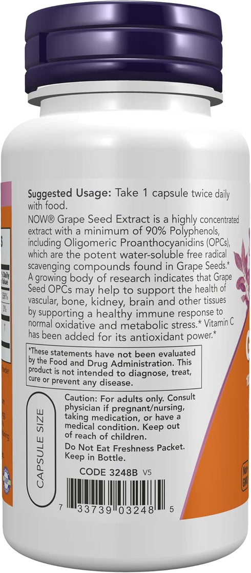 NOW Supplements, Grape Seed 100 mg - Standardized Extract, Highly Concentrated Extract with a Minimum of 90% Polyphenols, with Vitamin C, 100 Veg ...