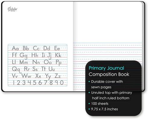 iScholar Primary Composition Book, Journal, Unruled Top, .5 Inch Ruled Bottom Half, 100 Sheets, 9.75 x 7.5 Inches, Black Marble (10116)...