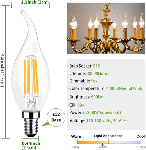 LED Chandelier Light Bulbs, E12 Candelabra Bulb 60 Watt Equivalent, 4000K Natural White 600LM E12 LED Bulb Dimmable, Vintage LED Filament C35T/CA1...