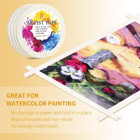 4 Packs White Artist Tape for Watercolor Paper Drafting Art Low Tack Masking Tape Acid Free Painter Watercolor Tape for Painting Canvas Framing, 0...