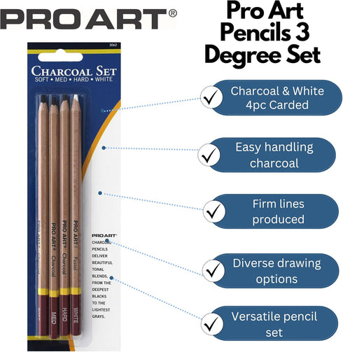 PRO ART 3 Degree Pencil Set Charcoal & White 4pc Carded...