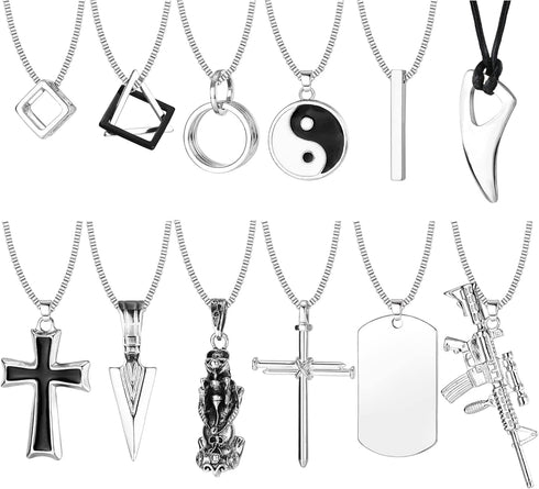 FIASASO 12Pcs Stainless Steel Pendant Necklace for Men Cool Goth Necklace Funky Gothic Cross Dog Tag Yin Yang Triangle Pendant Chain Necklace Set ...