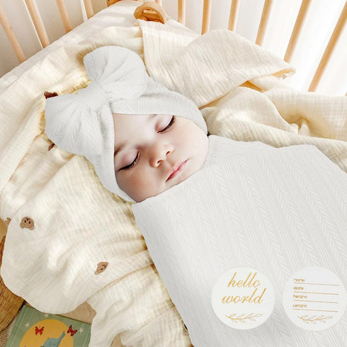 Muslin Blanket,Baby Swaddle Set Newborn - Receiving Headband Blankets and Bow Hat,Newborn Essentials, Soft Nursery Swaddling Blankets?Stretchy Bab...
