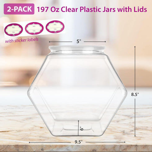 DilaBee 2-Pack Plastic Cookie Jar 1.5 Gallon (197oz) - Large Cookie Jar, Hexagon Candy Dish with Lid for Kitchen, Candy Bowl for Office - Sugar an...