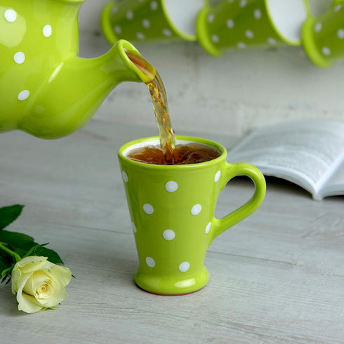 City to Cottage Handmade Lime Green and White Polka Dot Ceramic Coffee, Tea, Latte Mug, Cup with Large Handle, Unique 7 oz / 200ml Designer Potter...