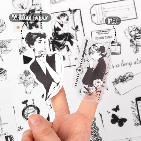 Dizdkizd Black and White Themed Elegent Women Sticker Book for Scrapbooking, Journaling, 194 Vintage Pre-Cut Stickers for Junk Journaling, Planner...