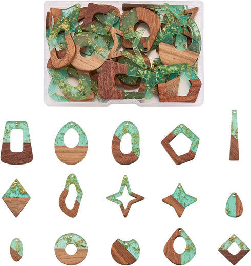 FASHEWELRY 30Pcs Transparent Resin Wood Earring Charms Gold Foil Teardrop Rhombus Oval Wooden Resin Charms Vintage Geometric Wood Statement for Je...