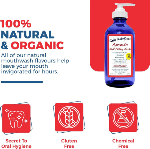 Ayurvedic Oil Pulling for Teeth and Gums | Organic Cinnamon Flavored Oral Rinse Mouthwash | Natural Essential Oils | Cobalt Glass Bottle Pump for ...