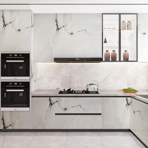 White Marble Wallpaper Peel and Stick 16"×78.7" Granite Modern Contact Paper Texture White with Black Glossy Removable Waterproof Self Adhesive Vi...