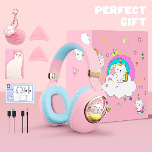 QearFun 7 Colors LED Light Up 3D Cat Headphones Bluetooth, Foldable Cat Ear Wireless On Ear Earphones Gaming Headset with Mic & 3.5mm Jack, Gifts ...