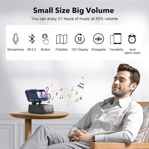 Deeyaple 3 in 1 Wireless Bluetooth Speaker with Loud Alarm Clock Cell Phone Stand TF Card Reader 12H Display Mic HD Surround Sound Cell Phone?Tabl...