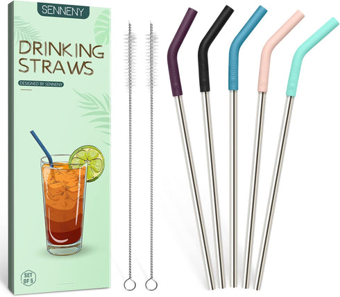 Senneny Set of 5 Stainless Steel Straws with Silicone Flex Tips Elbows Cover, 2 Cleaning Brushes and 1 Portable Bag Included (Silver)- 8mm diamete...