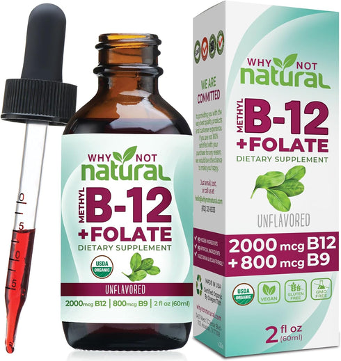 Why Not Natural Vitamin B12 Liquid Plus Folate - Organic Sublingual Extra Strength Vegan drops - Methyl B12 and Folinic Supplement...