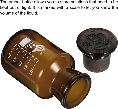 PATIKIL 125mL Reagent Media Bottle, 1Pcs Round 3.3 Borosilicate Glass Graduated Storage Bottle with Amber Cap for Chemistry Lab Universities Home,...