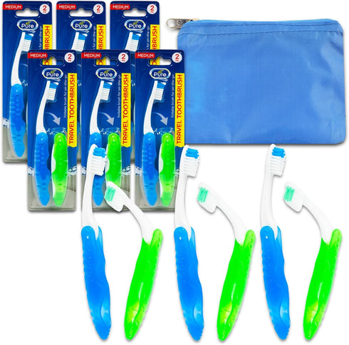 Folding Travel Toothbrush Bulk Set - Travel Toothbrush Set Bundle 12 Pack Foldable Travel Toothbrushes for Camping, Travel, More Plus Blue Pouch |...