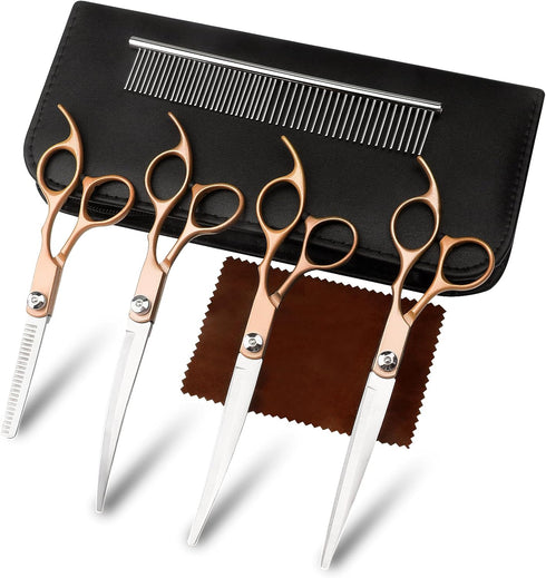 Dog Pet Grooming Scissors Shears Set,Professional 5 in 1 Hairs Tool Accessories for Dogs, Cats and Other Animals (Rose Glod)...