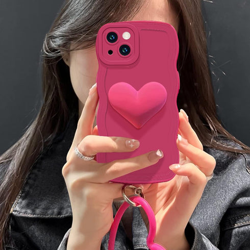 Hot Pink Heart Phone Case Compatible with iPhone 11, Cute 3D Big Love Heart Phone Case, Curly Wave Shape Heart Phone Cover with Heart Bracelet for...