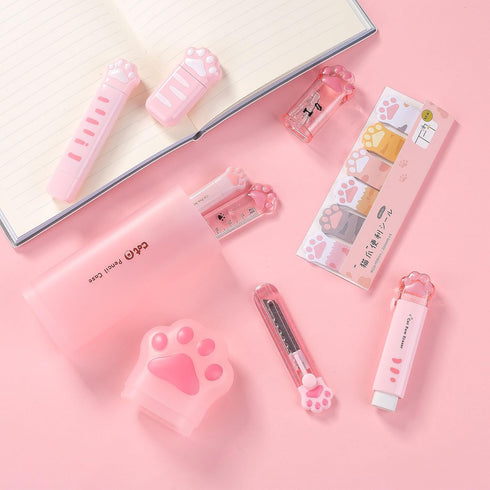 9 Pcs Cute Cat Paw Stationery Set Kawaii School Supplies Including Pencil Sharpener Retractable Eraser Correction Tape Sticky Notes Ruler Mini Sci...