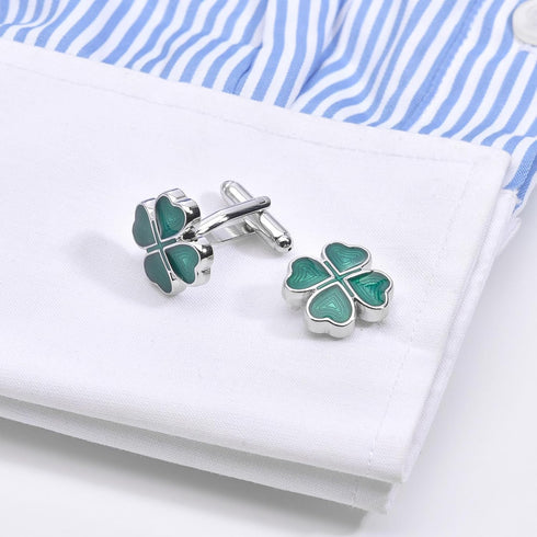 Green Four Leaf Clover Cufflinks for Men Lady In Gift Case Silver Good Luck Men's Cufflinks Jewelry Set for Wedding Party Anniversary Business Eve...