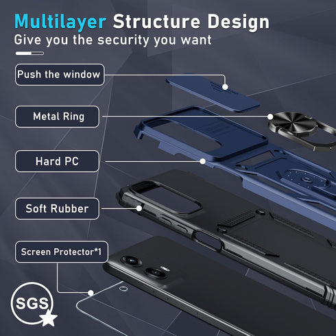 for Motorola Moto G 5G 2024 Case Built in Slide Camera Lens Cover+Screen Protector+Finger Ring Holder Kickstand,Heavy Duty Shockproof Full Body Pr...